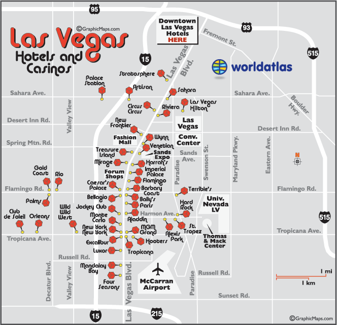 of vegas hotels strip map las
